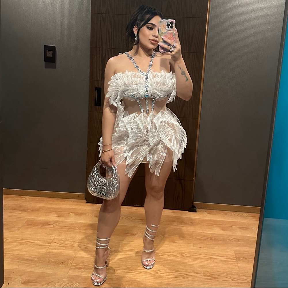 Mesh rhinestones white dress